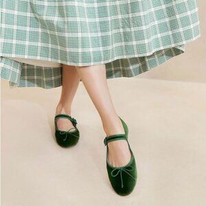 Miss Left Green Bowknots Ankle Strap Mary Janes Round Toe Ballet Flat Dance Shoe